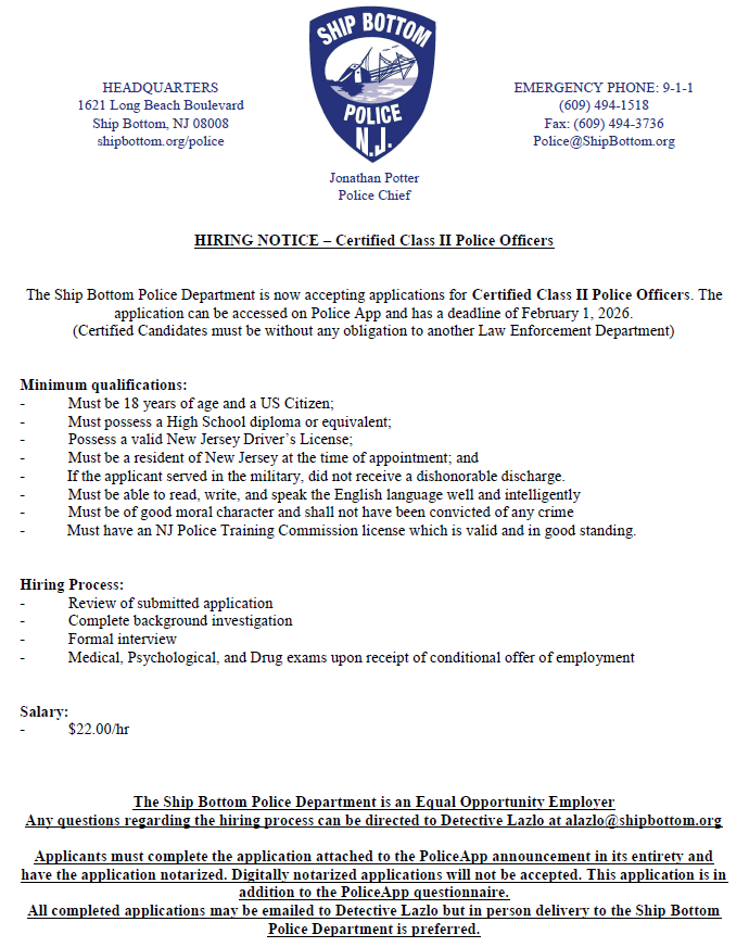 Ship Bottom Police Department, NJ Police Jobs