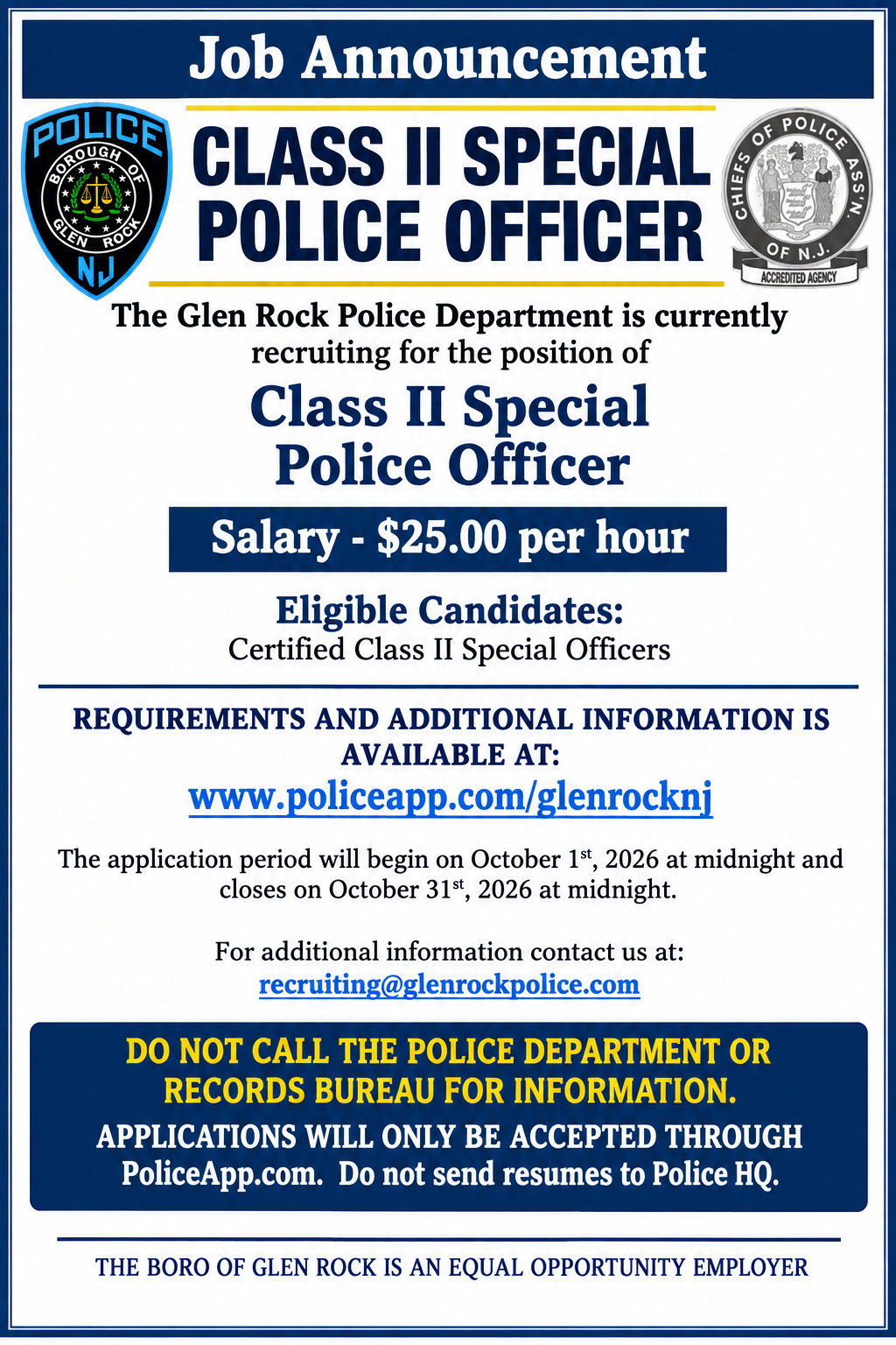 Glen Rock Police Department, NJ Police Jobs