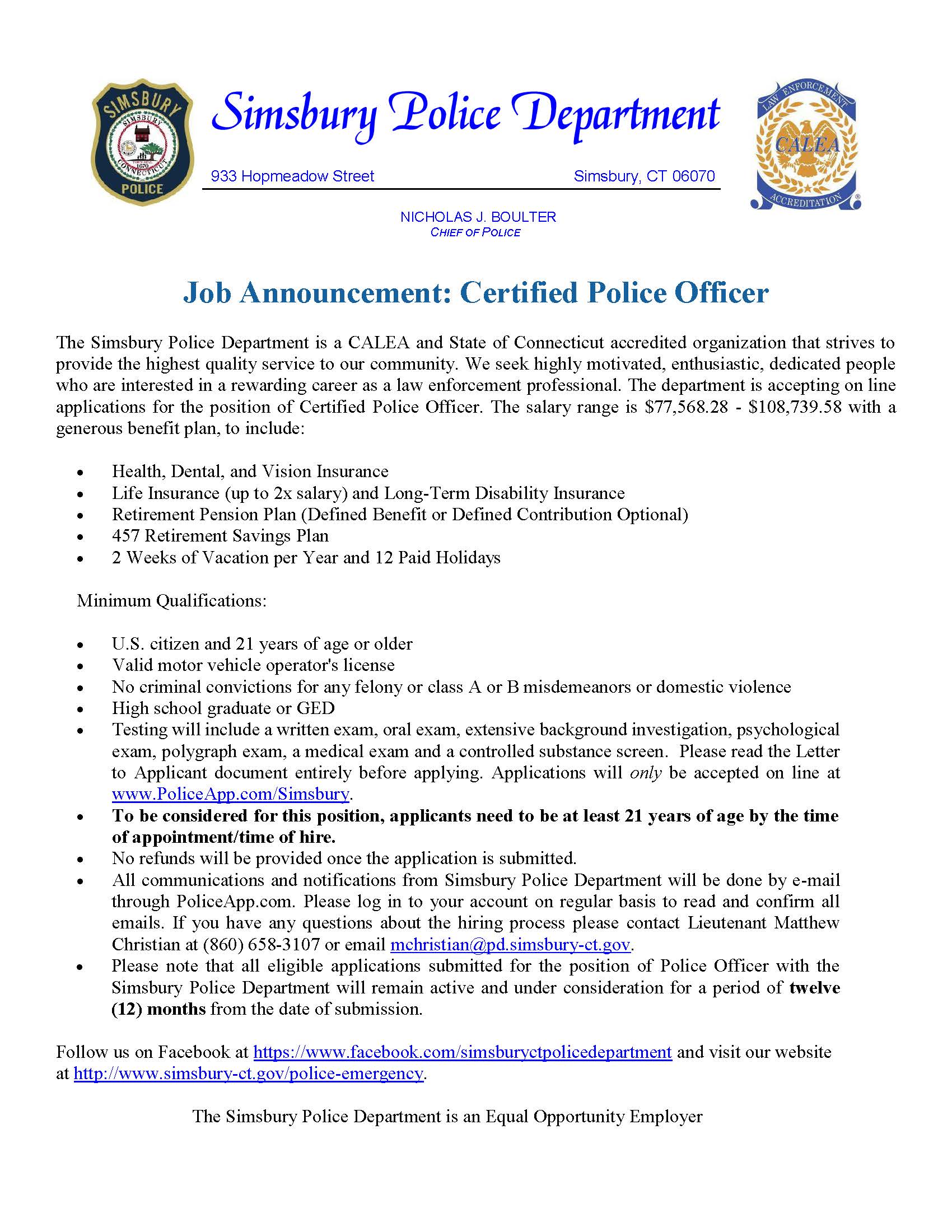 Simsbury Police Department, CT Police Jobs