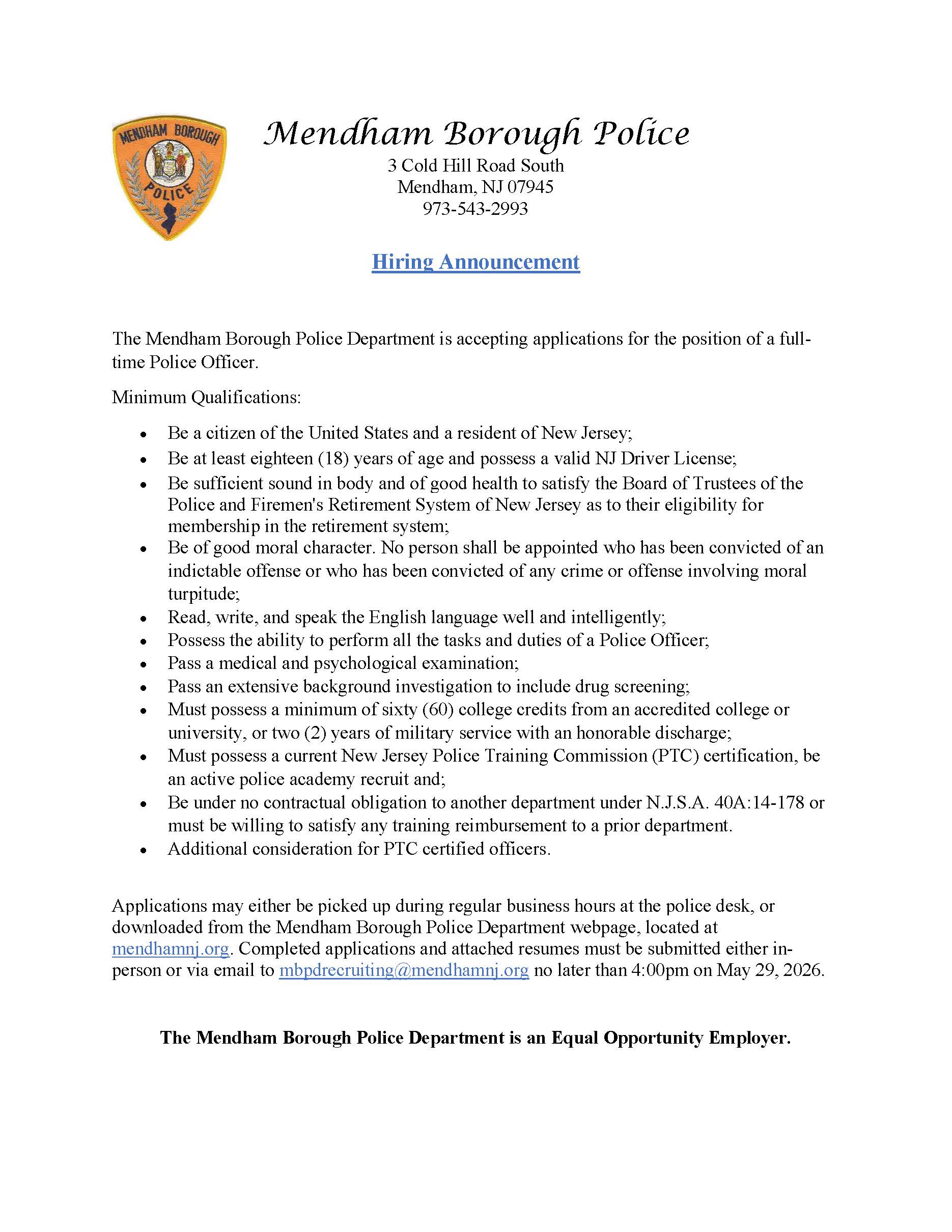 Mendham Borough Police Department, NJ Police Jobs